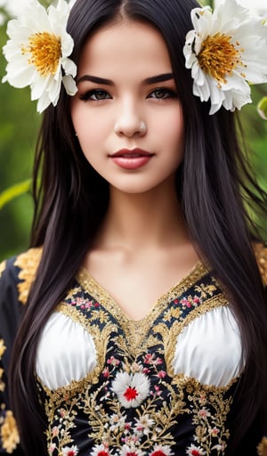 1girl, Beautiful young woman, black hair, clear facial features, (in a beautiful Ukrainian national long dress with embroidered ornaments in black, scarlet, white), sunny day, botanical garden, realistic, woman