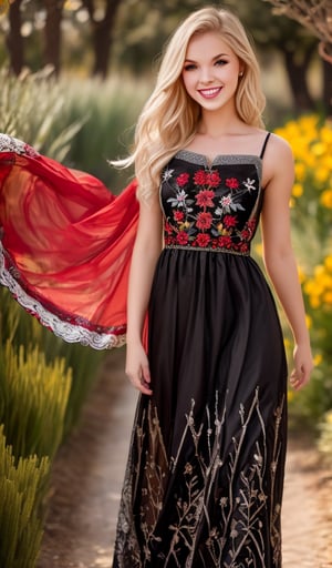 Beautiful young woman, blonde, smiling, (clear facial features), (dressed in a beautiful Ukrainian national long dress with embroidered ornaments red, white, black), sunny day, botanical garden, realistic