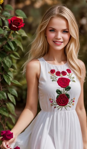Beautiful young woman, blonde, smiling, clear facial features, (dressed in Ukrainian beautiful long white dress with embroidered rose ornament), sunny day, nature, realistic