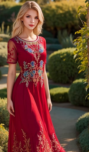 Beautiful young woman, blonde, clear facial features, (wearing a beautiful red long dress with an ornament of colorful embroidery), model body pose, sunny day, botanical garden, realistic