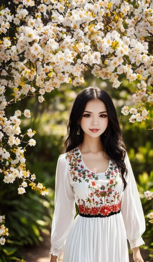 1girl, Beautiful young woman, black hair, clear facial features, (in a beautiful Ukrainian national long dress with embroidered ornaments of white, black, scarlet color), sunny day, botanical garden, realistic, woman