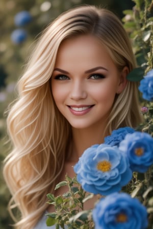 Portrait of a beautiful blonde woman smiling surrounded by lush blooming blue roses. The soft natural light accentuates the contrast between the hair color and the delicate rose petals. The scene has a dreamy, ethereal quality due to the shallow depth of field.The woman's face is visible, shooting with a serene expression as he is immersed in the fragrant rose garden. The image captures the interplay of the textures of silky strands of hair and velvety rose petals. The rich, saturated colors create a striking visual effect, highlighting vibrant blue and yellow hues against a softer background, captured on Kodak Portra 800,, raw_photo, zaya