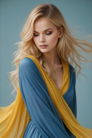 A beautiful woman, blonde, wrapped in flowing fabrics of blue and yellow colors that intertwine with her hair and body. Her pose is graceful and contemplative. Against a light blue background. captured on Kodak Portra 800,, zaya,raw_photo