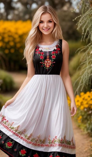 Beautiful young woman, blonde, smiling, (clear facial features), (dressed in a beautiful Ukrainian national long dress with embroidered ornaments red, white, black), sunny day, botanical garden, realistic