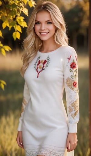 beautiful young woman, blonde, smiling, clear facial features, (dressed in a beautiful white knitted dress with embroidery ornament), sunny day, nature, realistic