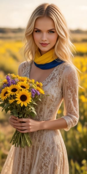 A beautiful woman, blonde, with a bouquet of spring flowers in her hands, in a beautiful dress, (with a blue-yellow scarf around her neck) on the background of a field of flowers going to the sky, zaya, midjourney_whisper_avant_couture