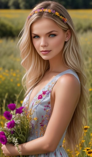 Beautiful young woman, blonde, in a dress with ornament of multicolored embroidery, on her head a wreath of flowers, shot in honor of traditional Ukrainian culture by Alexander Vasyukov outdoors in a field of wildflowers in bright natural sunlight, high detail, sharp focus, ultra-high resolution details, high quality photo, photorealistic