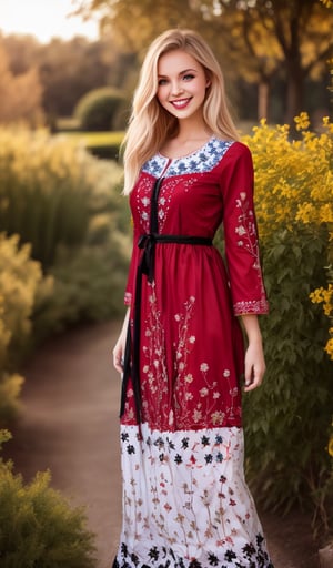 Beautiful young woman, blonde, smiling, (clear facial features), (dressed in a beautiful Ukrainian national long dress with embroidered ornaments red, white, black), sunny day, botanical garden, realistic