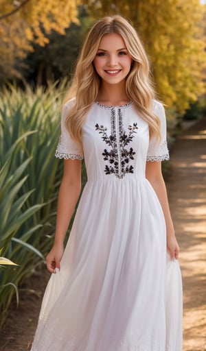 1 girl, Beautiful young woman, blonde, smiling, clear facial features, (dressed in a beautiful Ukrainian national long dress with embroidered ornaments black, white, red), sunny day, botanical garden, realistic