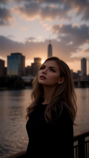 A serene woman stands by the serene river's edge, lost in contemplation as she gazes up at the evening sky above the distant cityscape, its towering skyscrapers and neon lights reflected in the gentle ripples of the water. the sun at the dawn shines right on her face, zaya