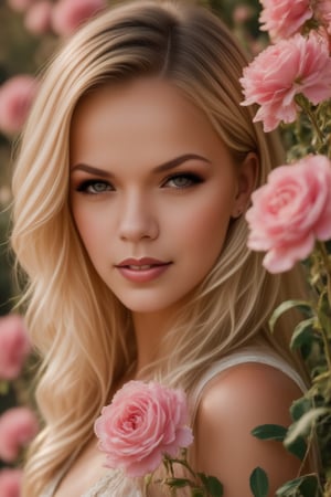 Portrait of a beautiful blonde woman surrounded by lush, blooming pink roses. The soft natural light accentuates the contrast between the hair color and the delicate rose petals. The scene has a dreamy, ethereal quality due to the shallow depth of field.The woman's face is visible, shooting with a serene expression as he is immersed in the fragrant rose garden. The image captures the interplay of the textures of silky strands of hair and velvety rose petals. The rich, saturated colors create a striking visual effect, highlighting the vibrant red and pink hues against the softer background, captured on Kodak Portra 800,, zaya, raw_photo