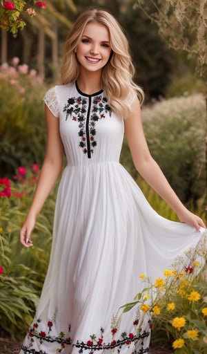 Beautiful young woman, blonde, smiling, (clear facial features), (dressed in a beautiful Ukrainian national white long dress with embroidered ornament black), sunny day, botanical garden, realistic