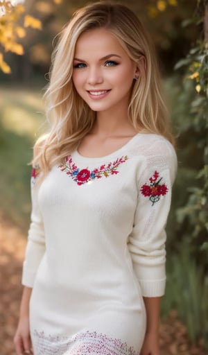 beautiful young woman, blonde, smiling, clear facial features, (dressed in a beautiful white knitted dress with embroidery ornament), sunny day, nature, realistic