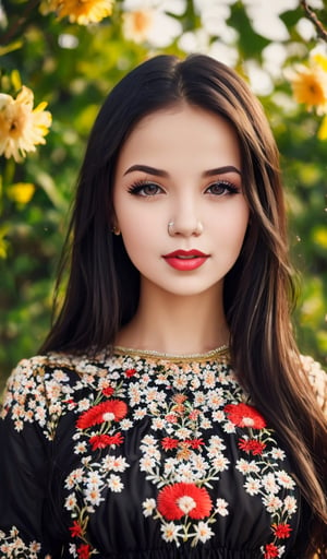 1girl, Beautiful young woman, black hair, clear facial features, (in a beautiful Ukrainian national long dress with embroidered ornaments of white, scarlet, black color), sunny day, botanical garden, realistic, woman