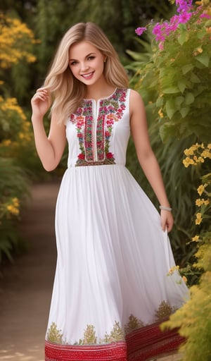 1girl, upper body, beautiful young woman, blonde, smiling, (in beautiful Ukrainian national long dress embroidery ornament white, red, green), sunny day, botanical garden, realistic