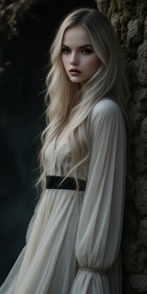  A mystical portrait of a 20-year-old woman: Framed by a dimly lit, eerie atmosphere, the subject stands out against a dark, moss-covered stone wall. Her long, flowing white hair, streaked with black growth, cascades down her back like a river of moonlight. Her porcelain-like skin glows softly in the faint light. She wears a flowing white and black ensemble that seems to blend with the shadows. Dark brown eyes, deep and mysterious, seem to hold secrets and stories untold, zaya, midjourney_whisper_avant_couture