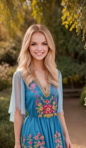 1girl, upper body, Beautiful young woman, blonde, smiling, clear facial features, (dressed in a beautiful Ukrainian national dress with embroidered ornament blue), sunny day, botanical garden, realistic