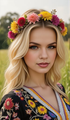 Beautiful young woman, blonde, in a dress with ornament of multicolored embroidery, on her head a wreath of flowers, shot in honor of traditional Ukrainian culture by Alexander Vasyukov outdoors in a field of wildflowers in bright natural sunlight, high detail, sharp focus, ultra-high resolution details, high quality photo, photorealistic