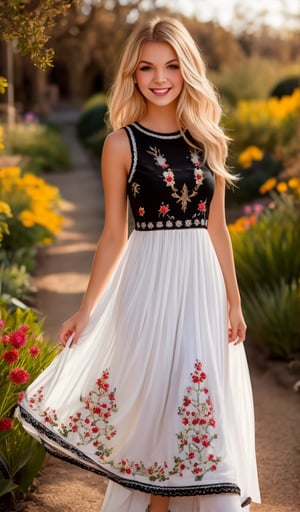 Beautiful young woman, blonde, smiling, (clear facial features), (dressed in a beautiful Ukrainian national white long dress with embroidered ornament black), sunny day, botanical garden, realistic