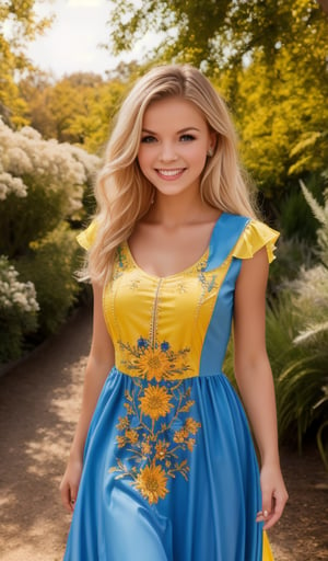 1girl, upper body, Beautiful young woman, blonde, smiling, clear facial features, (dressed in a beautiful Ukrainian national blue-yellow dress with embroidered ornaments), sunny day, botanical garden, realistic