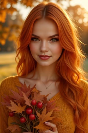 Beautiful woman, red hair, holding a bouquet of autumn leaves, golden autumn, captured on Agfa Vista 200 --style raw, zaya