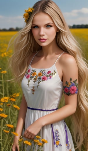 Beautiful young woman, blonde, in a dress with ornament of multicolored embroidery, on her head a wreath of flowers, shot in honor of traditional Ukrainian culture by Alexander Vasyukov outdoors in a field of wildflowers in bright natural sunlight, high detail, sharp focus, ultra-high resolution details, high quality photo, photorealistic