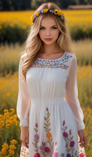 Beautiful young woman, blonde, wearing a beautiful dress with long sleeves with ornament of multicolored embroidery, on her head a wreath of flowers, shot in honor of traditional Ukrainian culture by Alexander Vasyukov outdoors in a field of wildflowers in bright natural sunlight, high detail, sharp focus, ultra-high resolution details, high quality photography, photorealism