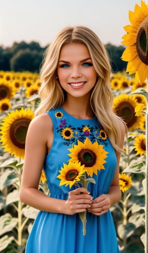 Beautiful young woman, blonde, smiling, clear facial features, (dressed in Ukrainian beautiful blue dress with embroidered sunflower ornament), sunny day, nature, realistic