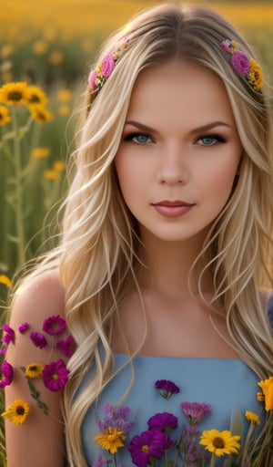 Beautiful young woman, blonde, in a dress with ornament of multicolored embroidery, on her head a wreath of flowers, shot in honor of traditional Ukrainian culture by Alexander Vasyukov outdoors in a field of wildflowers in bright natural sunlight, high detail, sharp focus, ultra-high resolution details, high quality photo, photorealistic