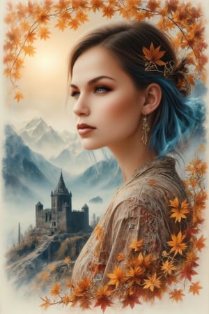 sfumato watercolor with elements of anime, delicate autumn colors, gold, orange, blue, double exposure, profile of a cute autumn girl in maple leaves against the background of a fortress in the mountains by the sea, fusion and disintegration, fusion of textures, symbiosis of jewels and ruins, dark fantasy, dark botanical, surrealism, filigree drawing of small details,zaya