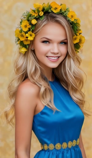 beautiful young woman, smiling, blonde, clear facial features, (blue-yellow dress), (blue-yellow flower wreath on her head), (blue-yellow background), realistic