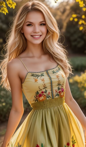 1girl, Beautiful young woman, blonde, smiling, clear facial features, (dressed in a beautiful Ukrainian national long dress with embroidered ornaments yellow, green), sunny day, botanical garden, realistic