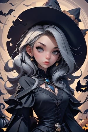 1girl, High quality design vector style image, t-shirt print style, graphic art white background of a Halloween style witch, bright and realistic colors, old style witch with a pointy hat, nose with a wart and a black cat at her side, fantasy style scenery halloween,<lora:659111690174031528:1.0>