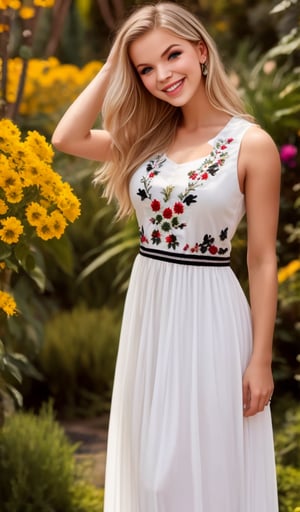 Beautiful young woman, blonde, smiling, (clear facial features), (dressed in a beautiful Ukrainian national white long dress with embroidered ornament black), sunny day, botanical garden, realistic