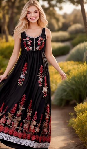 Beautiful young woman, blonde, smiling, (clear facial features), (dressed in a beautiful Ukrainian national long dress with embroidered ornaments red, white, black), sunny day, botanical garden, realistic