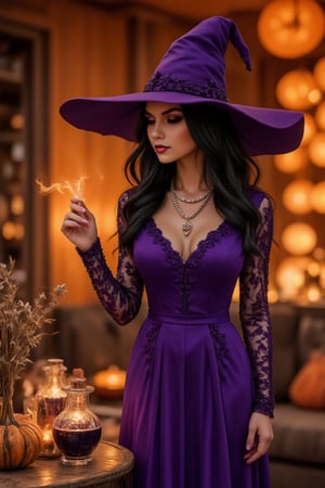 On a dark orange Halloween-inspired background, a beautiful black-haired witch in a purple hat and purple dress prepares her potions in her living room, no flaws, very detailed lighting, captivating atmosphere, watercolor, artstation trend, sharp focus, studio photo, intricate details, highly detailed, by greg rutkowsk, zaya, midjourney_whisper_avant_couture