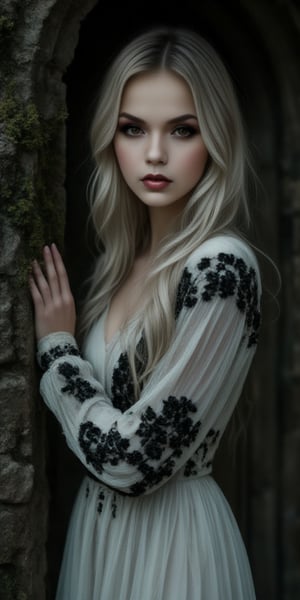  A mystical portrait of a 20-year-old woman: Framed by a dimly lit, eerie atmosphere, the subject stands out against a dark, moss-covered stone wall. Her long, flowing white hair, streaked with black growth, cascades down her back like a river of moonlight. Her porcelain-like skin glows softly in the faint light. She wears a flowing white and black ensemble that seems to blend with the shadows. Dark brown eyes, deep and mysterious, seem to hold secrets and stories untold, zaya, midjourney_whisper_avant_couture