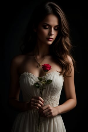 A mysterious female figure in a beautiful white strapless dress holding a lone red rose is bathed in dramatic chiaroscuro lighting. The scene is shot using high-end digital photography techniques that emphasize sharp contrasts between light and shadow. A deep, inky color dominates the background, while a powerful spotlight illuminates the subject's face and bright rose petals. The facial features are partially hidden, creating an atmosphere of intrigue. Clear details emphasize the texture of the stem and rosebud and the subject's skin. The composition evokes a sense of aesthetics. Ultra-high resolution, 8K quality, hyper-realistic details, captured on Kodak Portra 800,, zaya,raw_photo