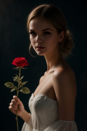 A mysterious female figure in a beautiful white strapless dress holding a lone red rose is bathed in dramatic chiaroscuro lighting. The scene is shot using high-end digital photography techniques that emphasize sharp contrasts between light and shadow. A deep, inky color dominates the background, while a powerful spotlight illuminates the subject's face and bright rose petals. The facial features are partially hidden, creating an atmosphere of intrigue. Clear details emphasize the texture of the stem and rosebud and the subject's skin. The composition evokes a sense of aesthetics. Ultra-high resolution, 8K quality, hyper-realistic details, captured on Kodak Portra 800,, zaya,raw_photo