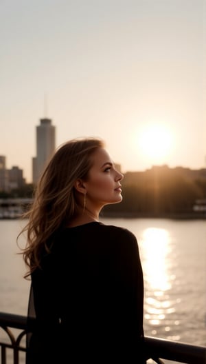 A serene woman stands by the serene river's edge, lost in contemplation as she gazes up at the evening sky above the distant cityscape, its towering skyscrapers reflected in the gentle ripples of the water. the sun at the dawn shines right on her face, zaya