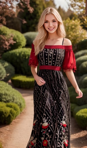 Beautiful young woman, blonde, smiling, (clear facial features), (dressed in a beautiful Ukrainian national long dress with embroidered ornaments red, white, black), sunny day, botanical garden, realistic