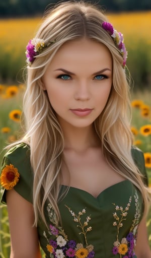 Beautiful young woman, blonde, in a dress with ornament of multicolored embroidery, on her head a wreath of flowers, shot in honor of traditional Ukrainian culture by Alexander Vasyukov outdoors in a field of wildflowers in bright natural sunlight, high detail, sharp focus, ultra-high resolution details, high quality photo, photorealistic