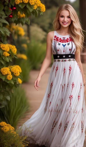 Beautiful young woman, blonde, smiling, (clear facial features), (dressed in a beautiful Ukrainian national long dress with embroidered ornaments red, white, black), sunny day, botanical garden, realistic