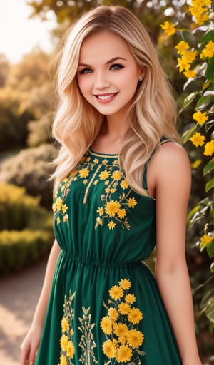 1girl, upper body, Beautiful young woman, blonde, smiling, clear facial features, (dressed in a beautiful Ukrainian national long dress with embroidered ornaments green, yellow), sunny day, botanical garden, realistic