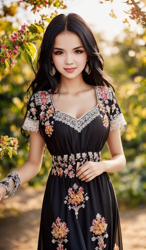 1girl, Beautiful young woman, black hair, clear facial features, (in a beautiful Ukrainian national long dress with embroidered ornaments in black, scarlet, white), sunny day, botanical garden, realistic, woman