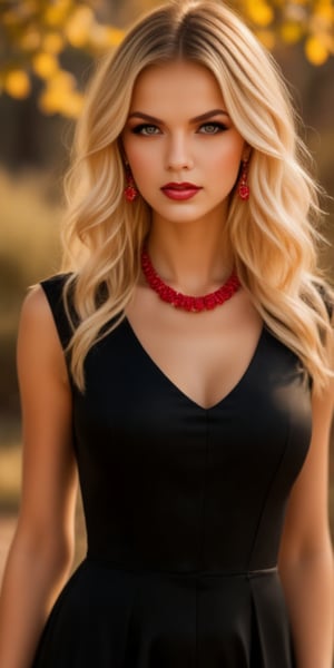 A radiant blonde beauty sits poised in a warm, golden light, her bright illuminating the frame. A stunning black dress cinches at the waist, showcasing her curves, as a bold red necklace and earrings burst forth in vibrant color. The blurred bokeh background softly focuses attention on her striking features: piercing eyes, defined brows, and full lips, zaya, midjourney_whisper_avant_couture