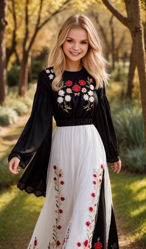 1 girl, Beautiful young woman, blonde, smiling, clear facial features, (dressed in a beautiful Ukrainian national long dress with embroidered ornaments black, red, white), sunny day, botanical garden, realistic