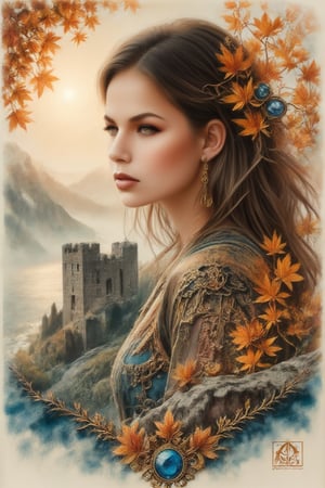 sfumato watercolor with elements of anime, steampunk and calligraphy, delicate autumn colors, gold, orange, blue, double exposure, profile of a cute autumn girl in maple leaves against the background of a fortress in the mountains by the sea, fusion and disintegration, fusion of textures, symbiosis of jewels and ruins, dark fantasy, dark botanical, surrealism, filigree drawing of small details,zaya