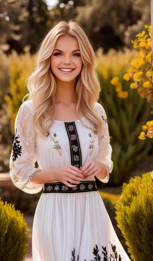 Beautiful young woman, blonde, smiling, (clear facial features), (dressed in a beautiful Ukrainian national white long dress with embroidered ornament black), sunny day, botanical garden, realistic