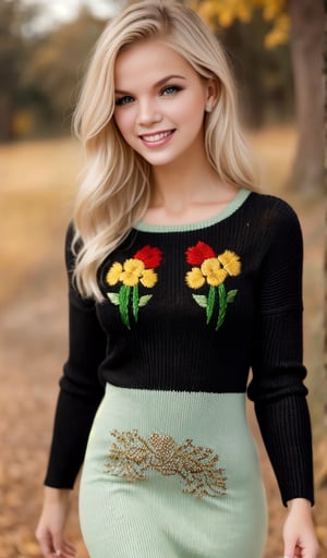 beautiful young woman, blonde, smiling, clear facial features, (dressed in a beautiful black knit dress embroidery ornament white, yellow, green, red), model body poses, sunny day, nature, realistic